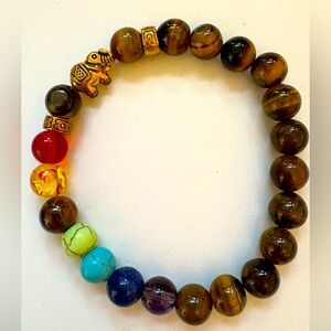 Chakra & Tigers Eye 7" Stretch Bracelet with Gold Tone Elephant Charm & Accents